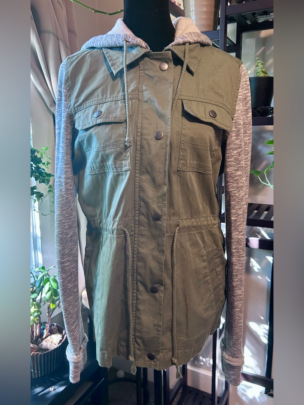SO Olive Utility Jacket with Gray Knit Hood & Sleeves